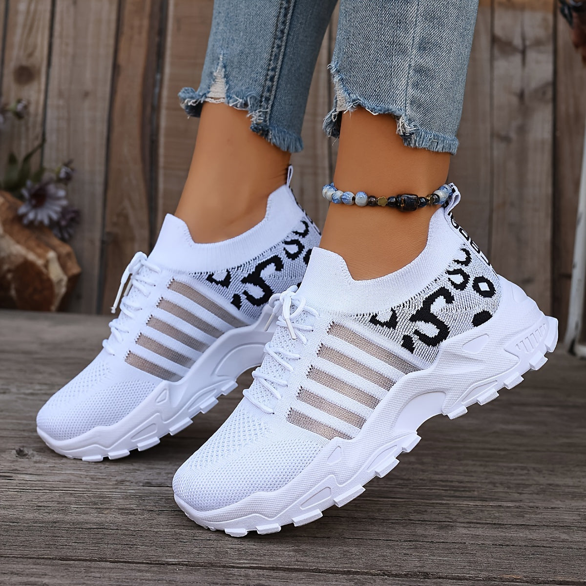 Lace Up Leopard Print Knit Chunky Sneakers