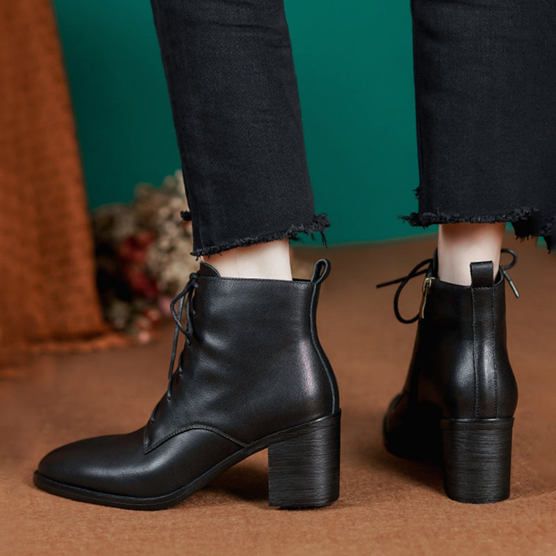 High Heel Boots Side Zip Cowhide Leather Ankle Boots Soft Walking Short Boots Brown/Black