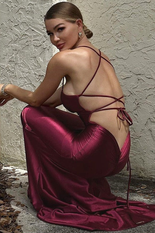 Satin Deep V-Neck Lace Up Backless Mermaid Maxi Prom Dress