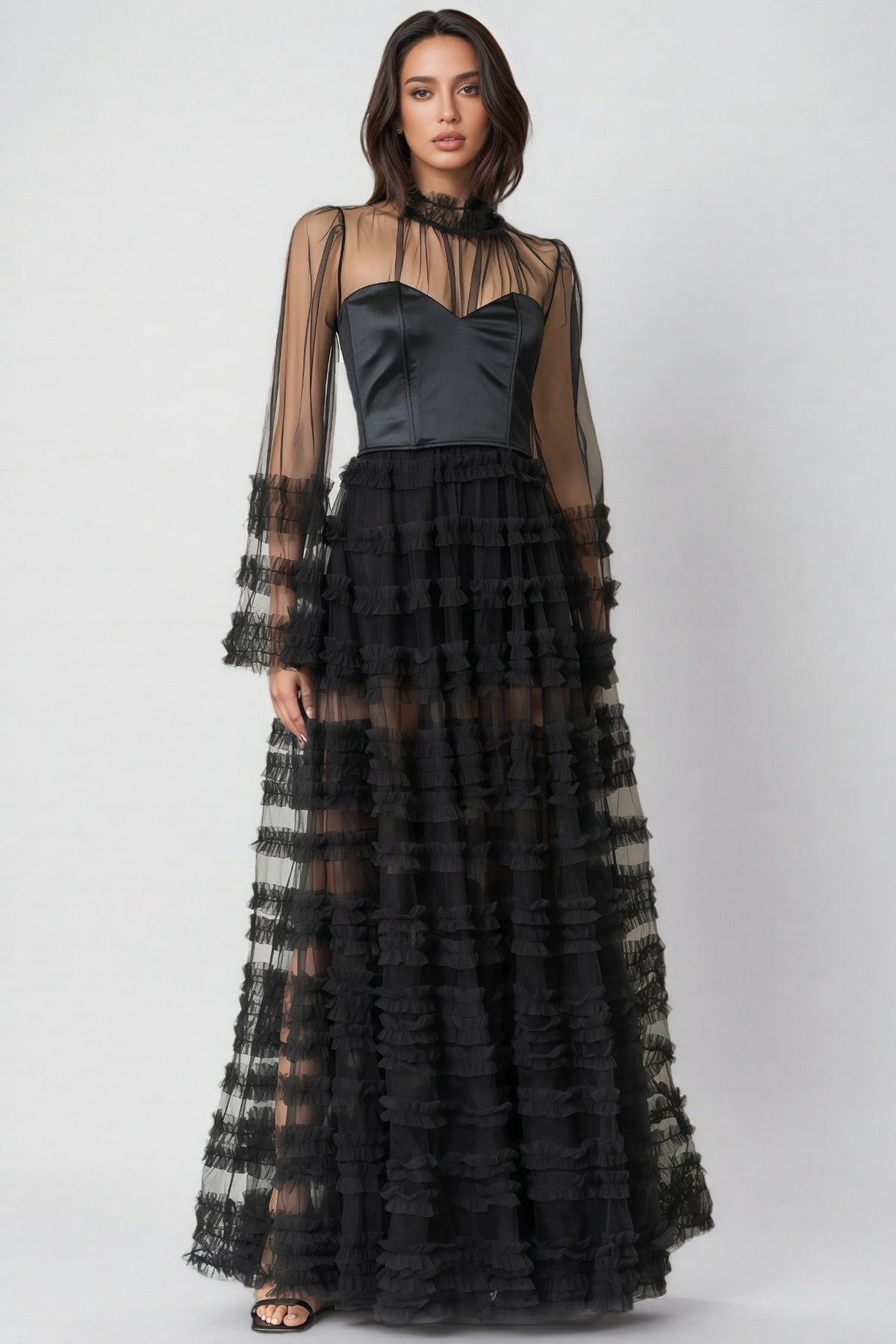 Sheer Mesh Long Sleeve Satin Corset Tiered Ruffle Maxi Dress