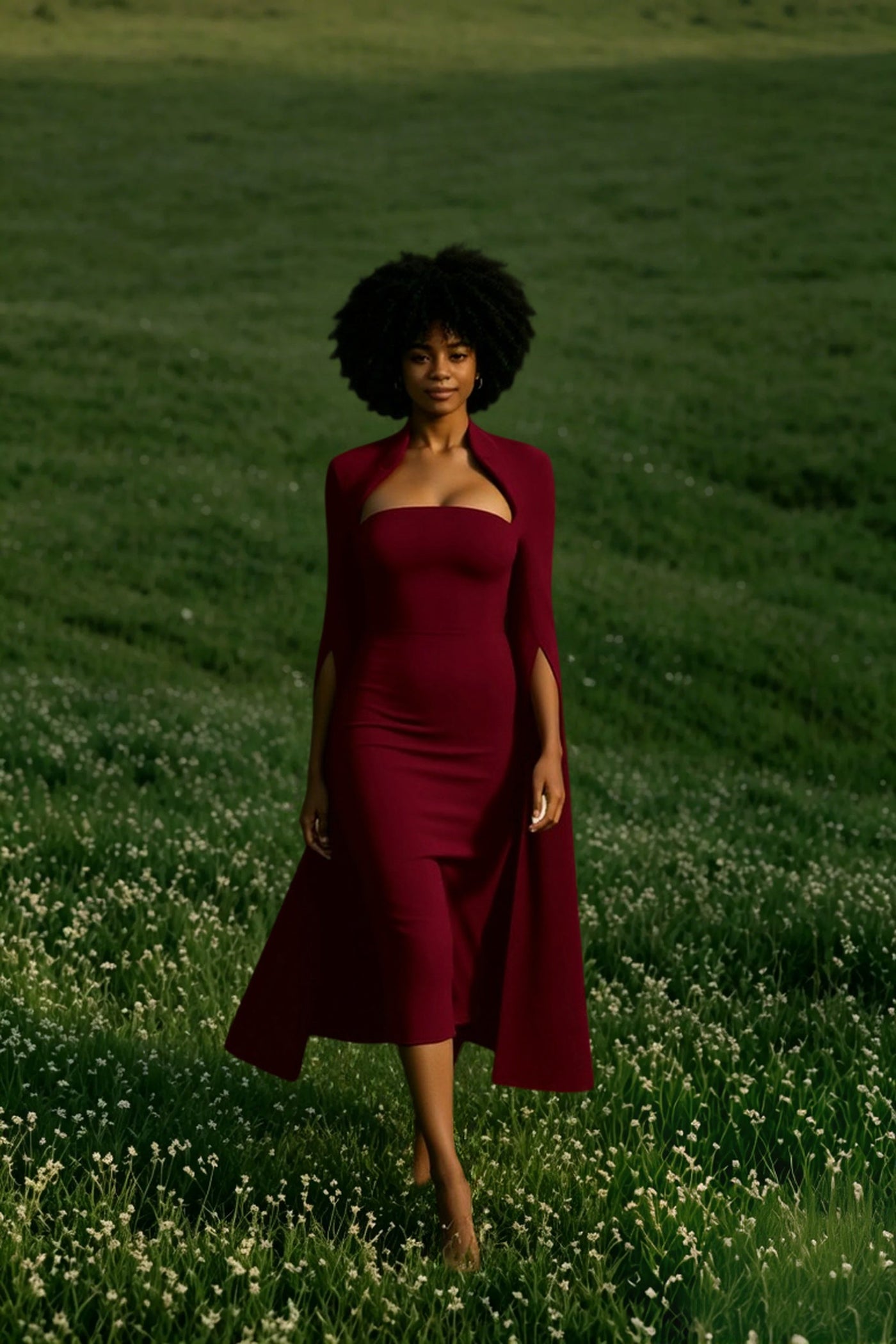 Cape Long Sleeve Back Slit Midi Dress