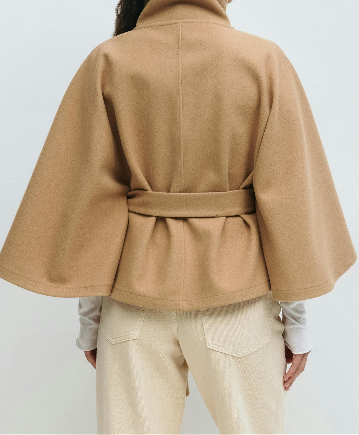 High Neck Button Front Belted Cape Jacket