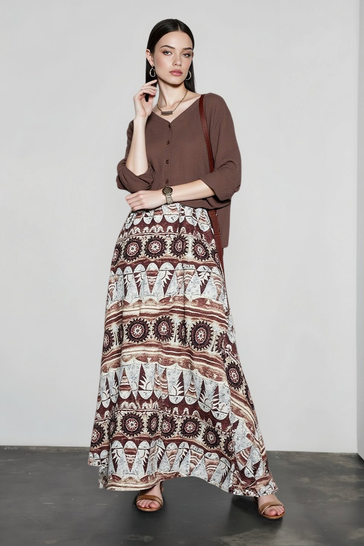 Tribal Geometric Print High Waist A-Line Maxi Skirt