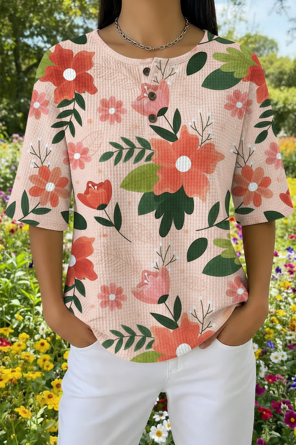 Womens Pink Floral Leaf Print Casual Shirt