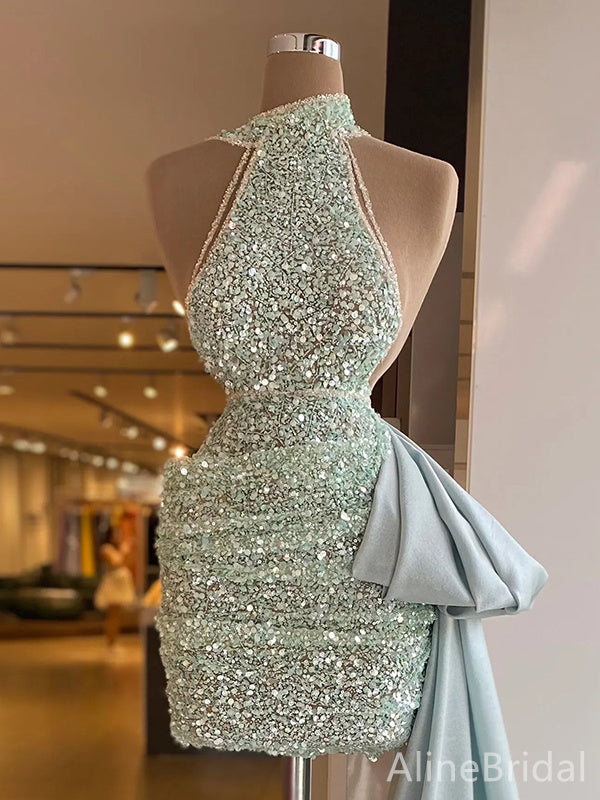 Sequin Halter High Neck Ruched Mini Homecoming Dress with Satin Train 2