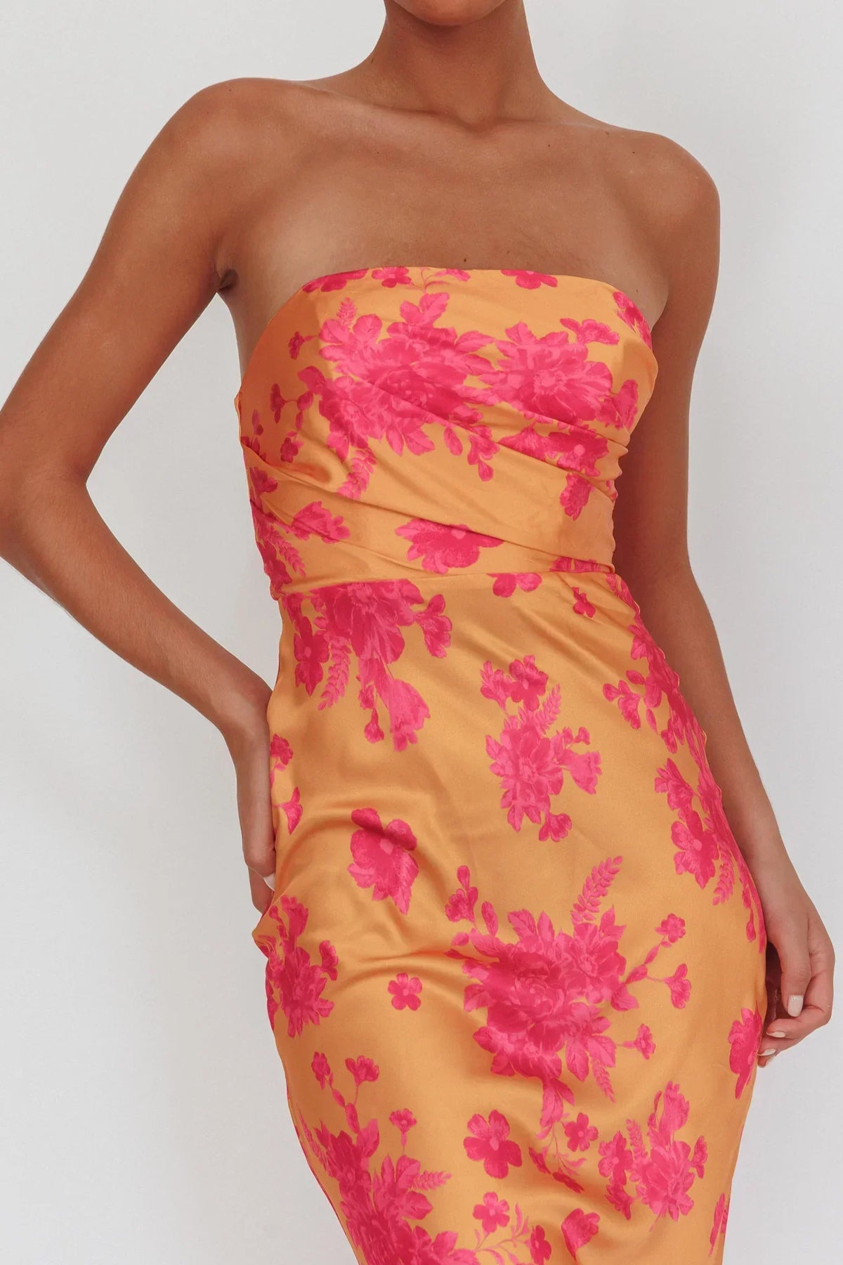 Floral Print Satin Strapless Bias Cut Maxi Dress 7