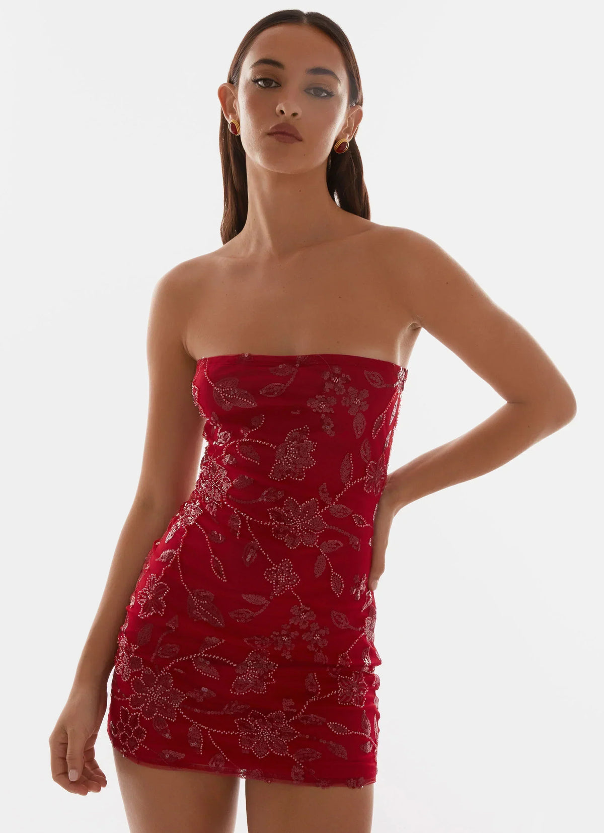 Beaded Floral Embroidered Mesh Strapless Bodycon Mini Dress
