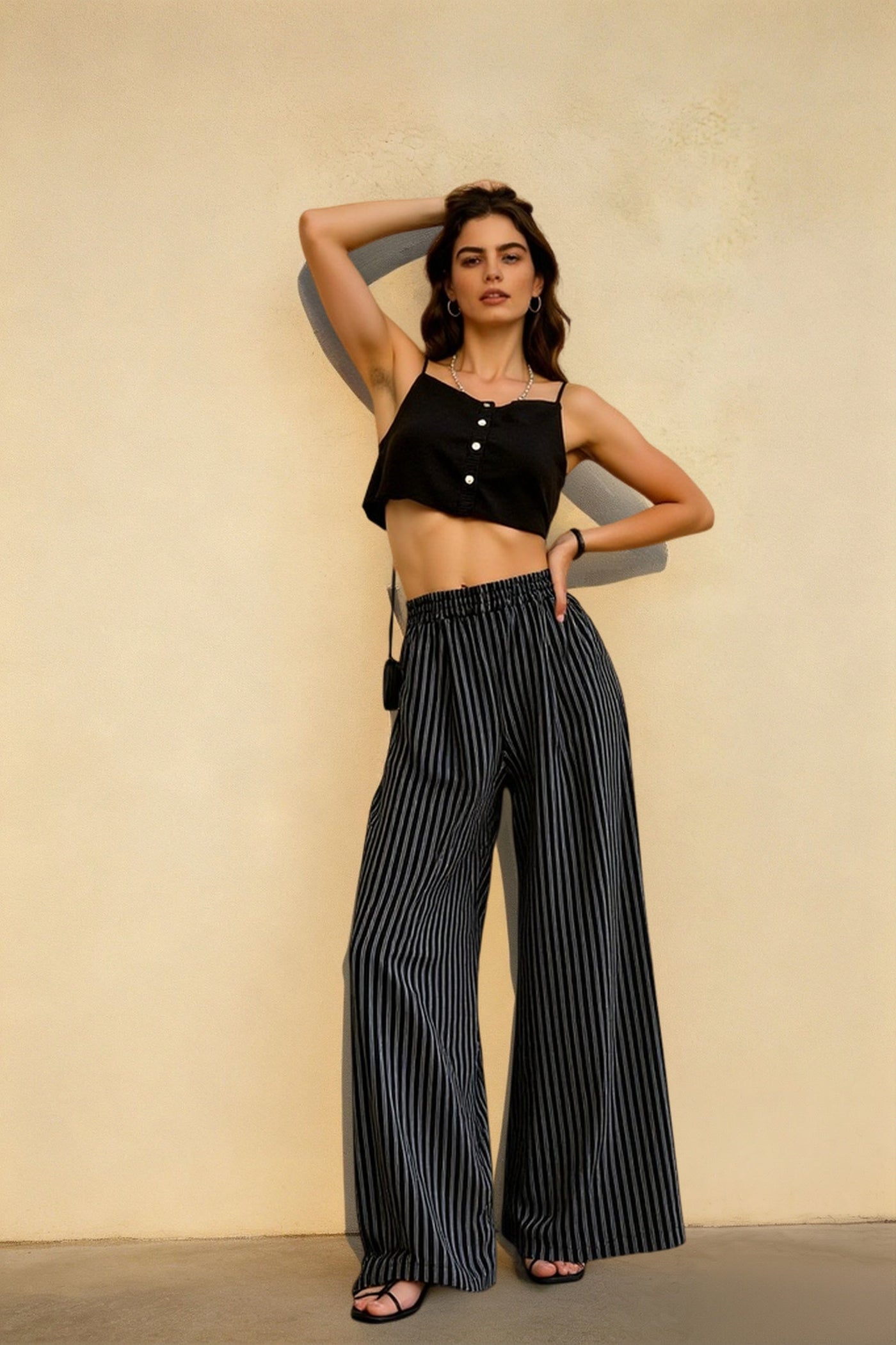 Striped High Waisted Wide Leg Straight Pants