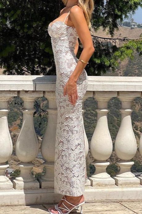 Floral Lace Spaghetti Strap Sweetheart Neck Bodycon Maxi Dress 3