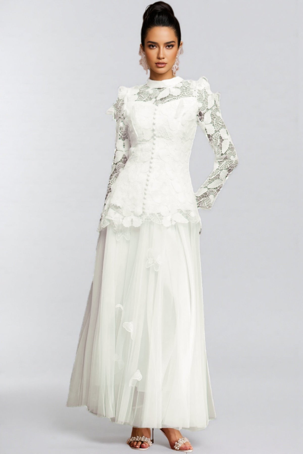 Mock Neck Long Sleeve Floral Lace Button Front Top and Tulle Maxi Skirt Two Piece Set