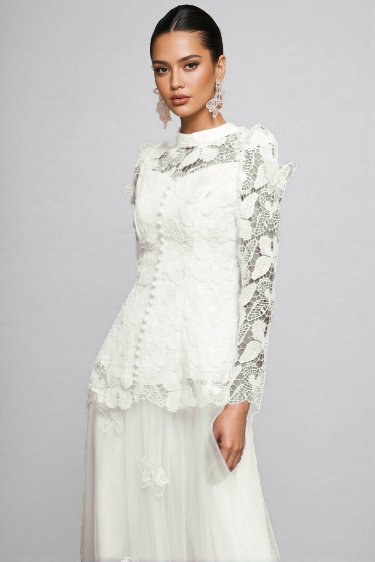 Mock Neck Long Sleeve Floral Lace Button Front Top and Tulle Maxi Skirt Two Piece Set 5