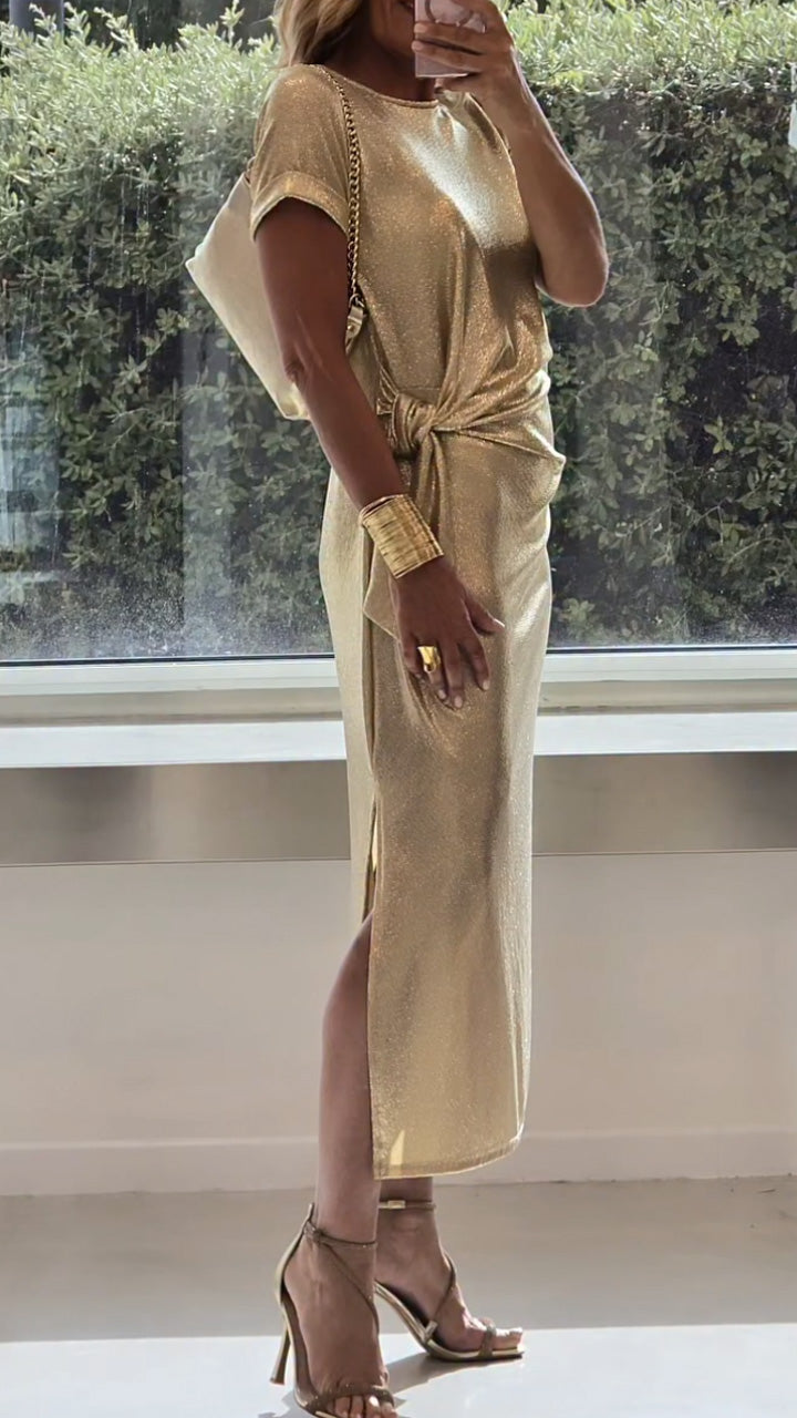 Metallic Short Sleeve Knot Front Slit Maxi Dress 2