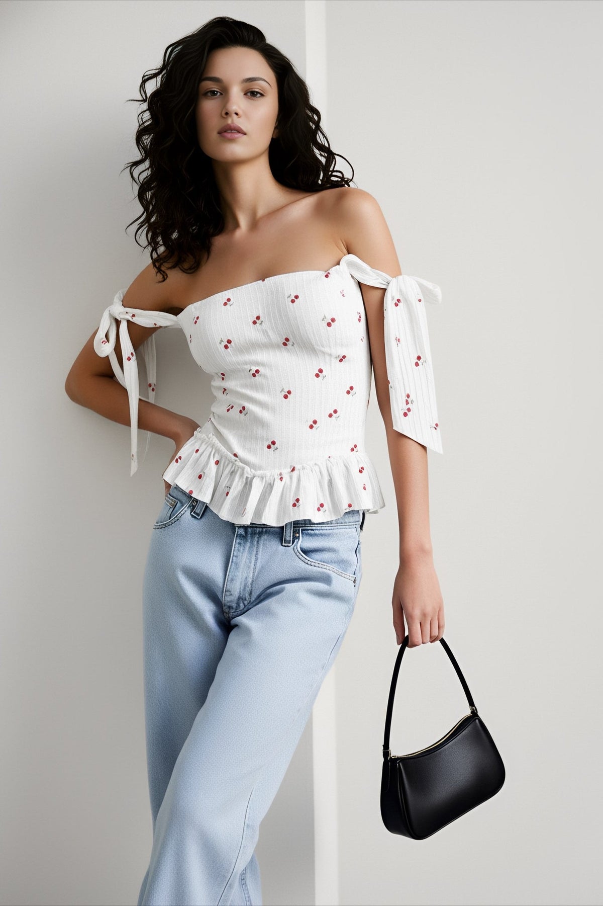 Cherry Print Off Shoulder Tie Sleeve Ruffle Hem Peplum Top 5