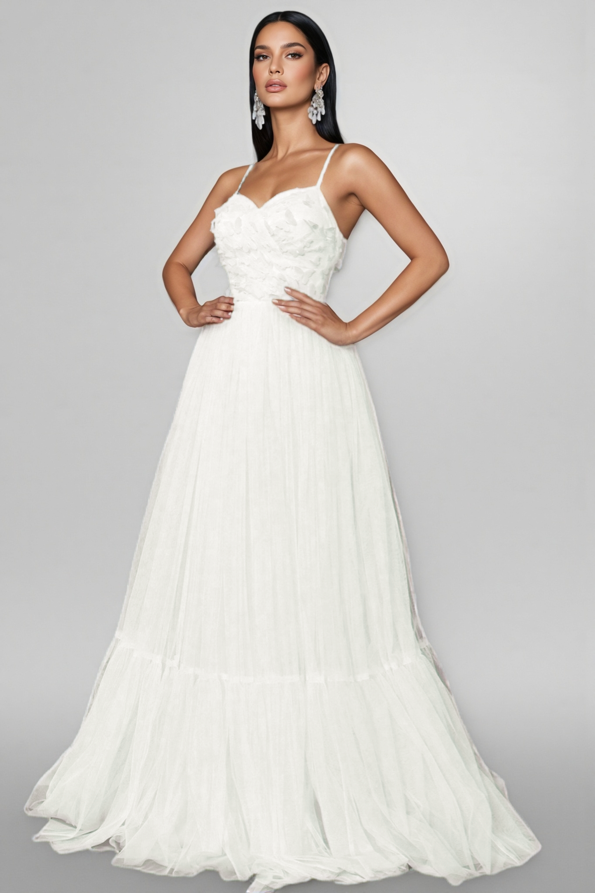 Floral Applique Sweetheart Neck Spaghetti Strap Tiered Tulle Maxi Gown