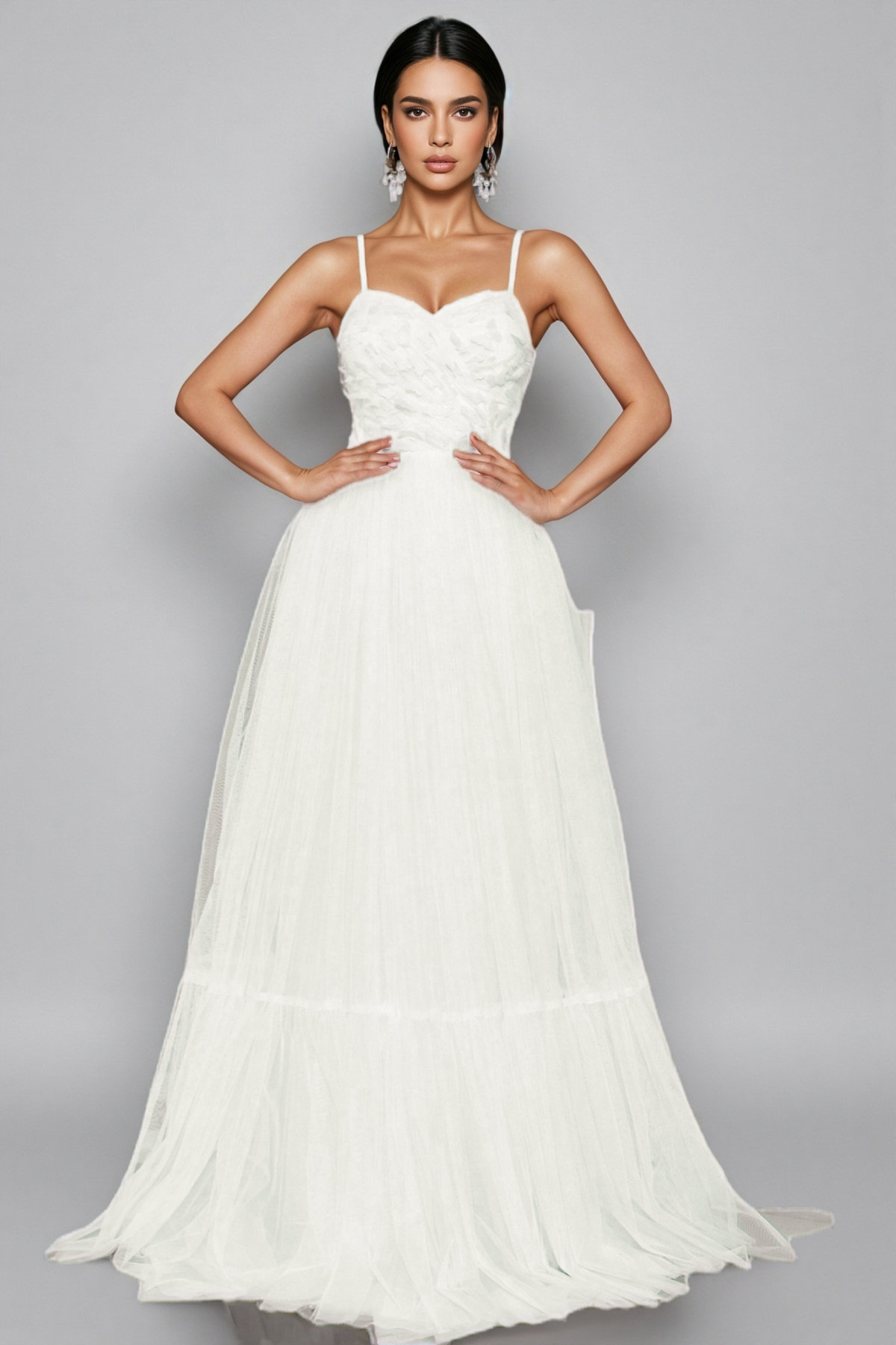 Floral Applique Sweetheart Neck Spaghetti Strap Tiered Tulle Maxi Gown 3