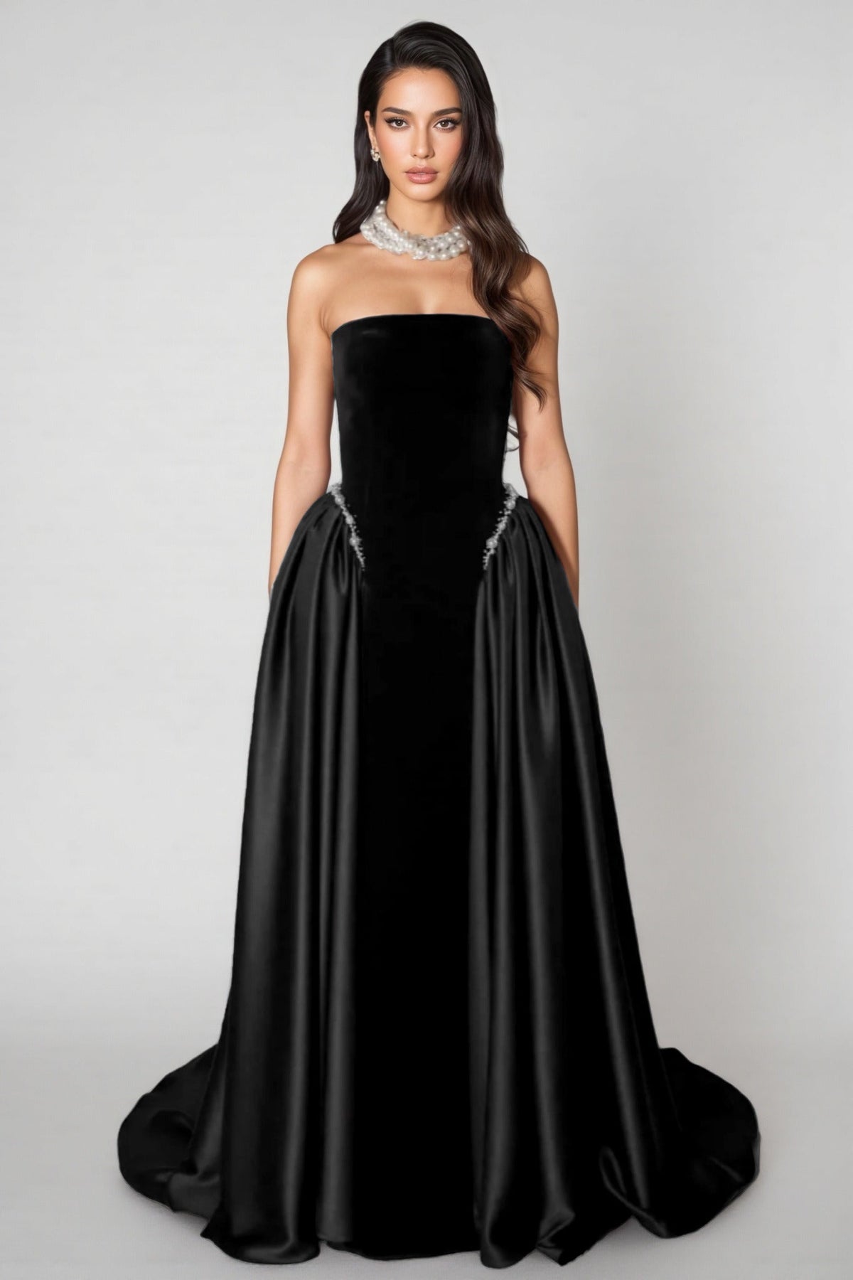 Velvet and Satin Strapless Embellished Overskirt Maxi Gown