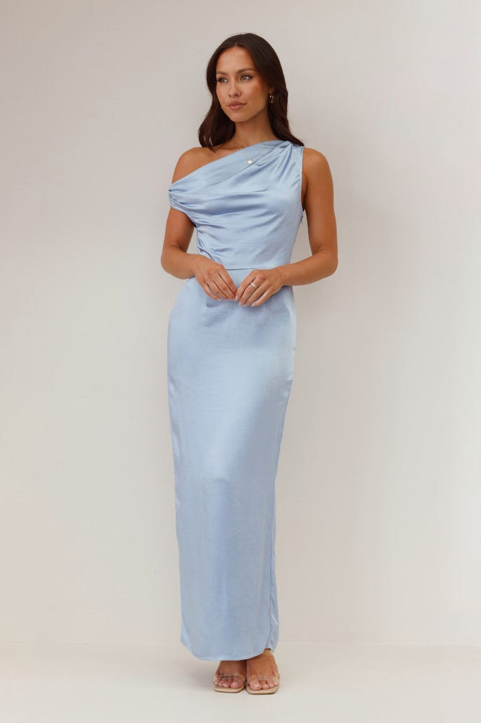 Satin One Shoulder Draped Column Maxi Dress