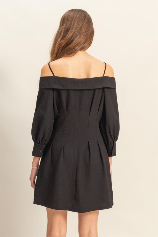 Off Shoulder Fold Over Collar Button Front Puff Sleeve Mini Dress 3