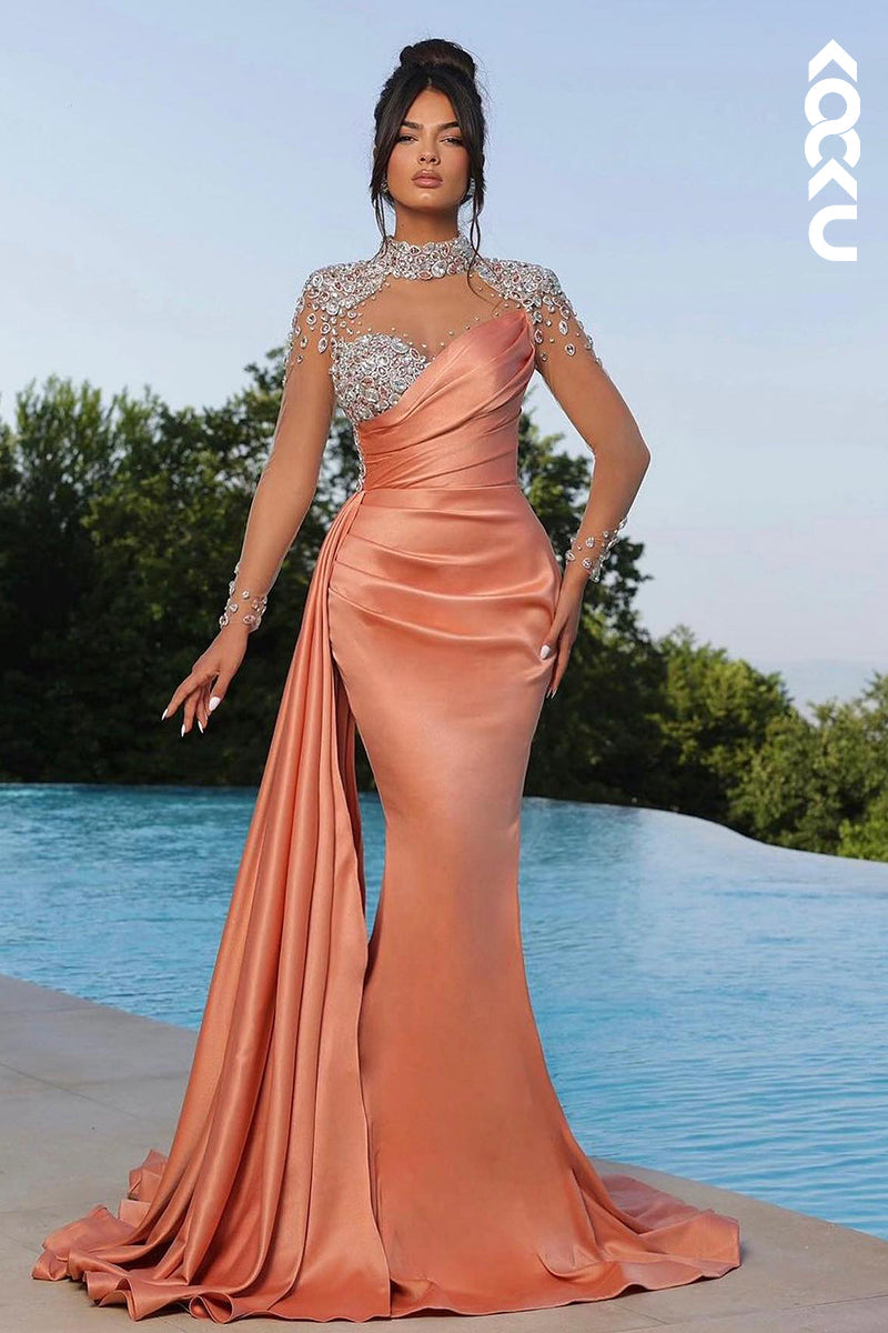 L2172 - Charming High neck Ruched Mermaid Party Prom Dress With Rhinestone