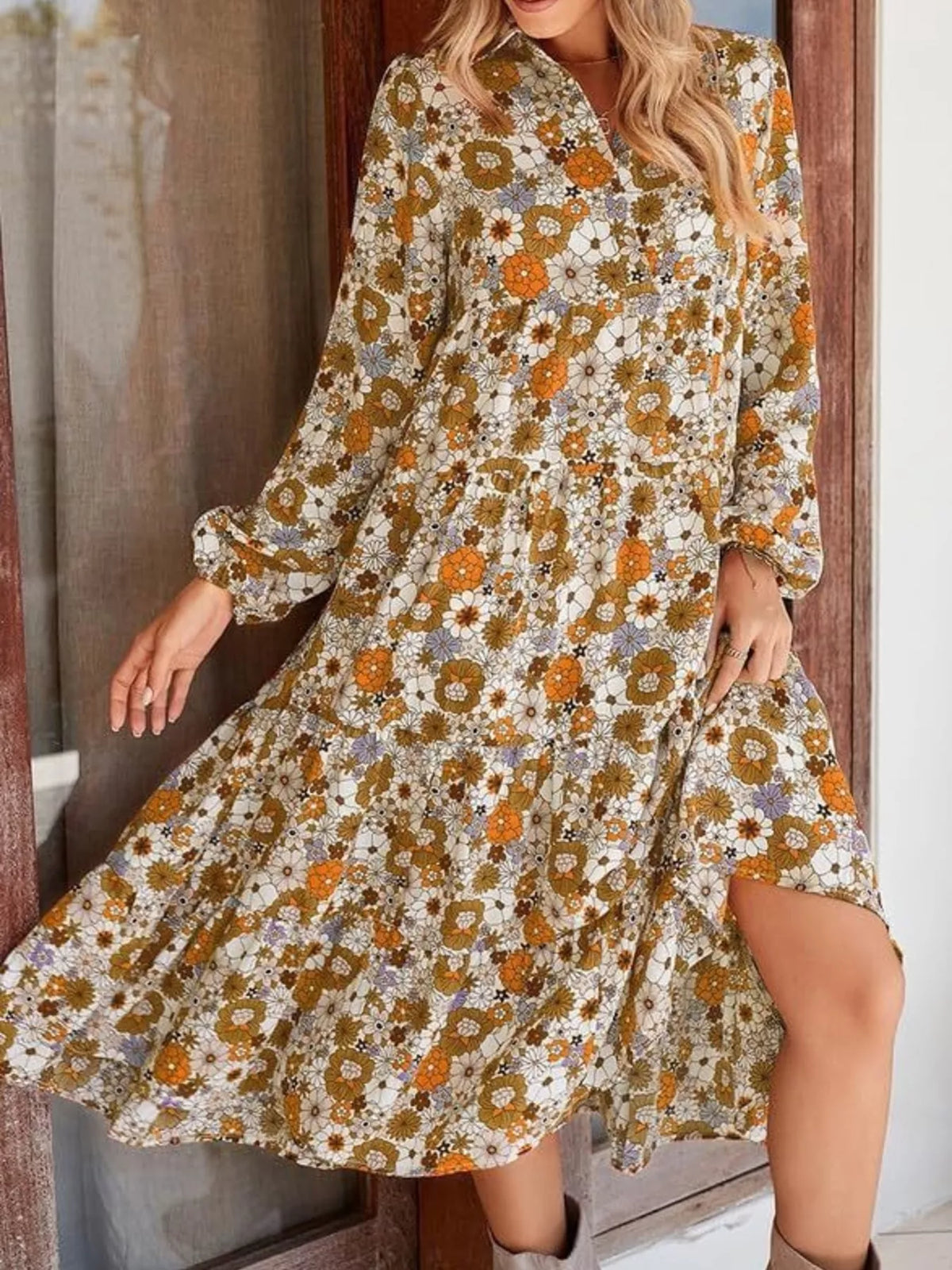 Floral Print Balloon Sleeve Midi Dress