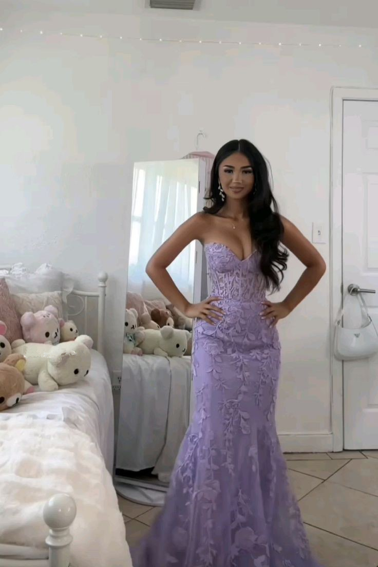Elegant Tulle Appliques Lilac Prom Dress Long Mermaid Party Evening Dress cc1678