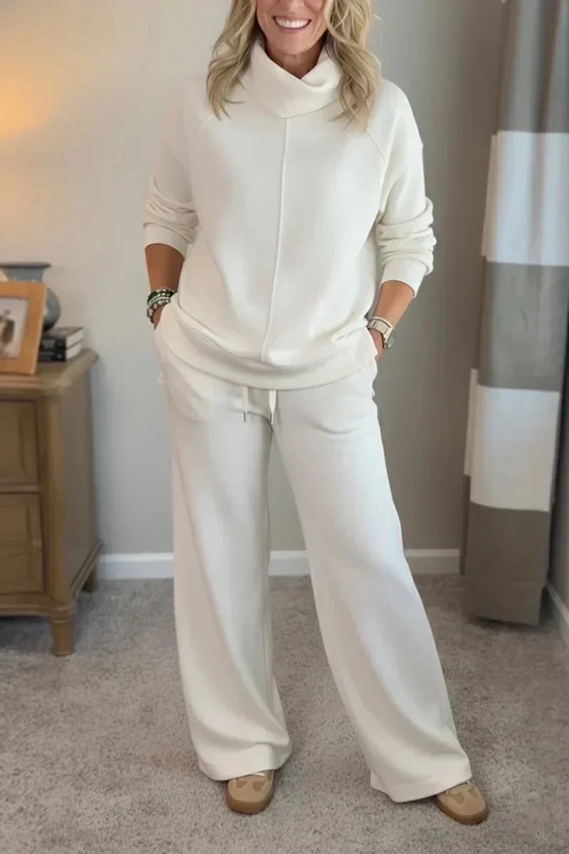 Cowl Neck Long Sleeve Top and Wide Leg Pants Two Piece Set