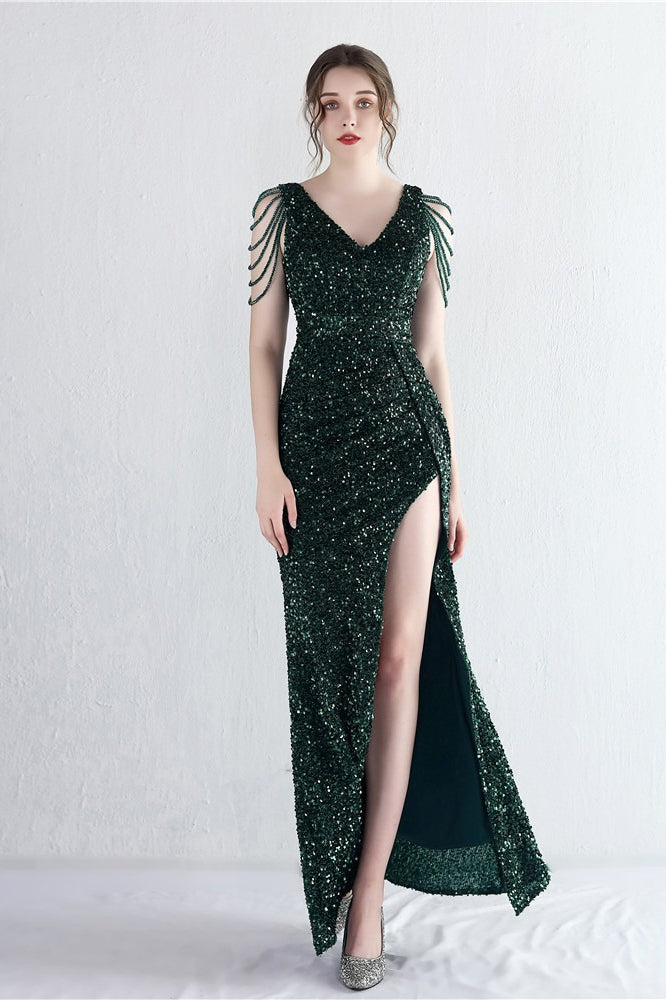 Sequin V-Neck Beaded Fringe High Split Mermaid Gown