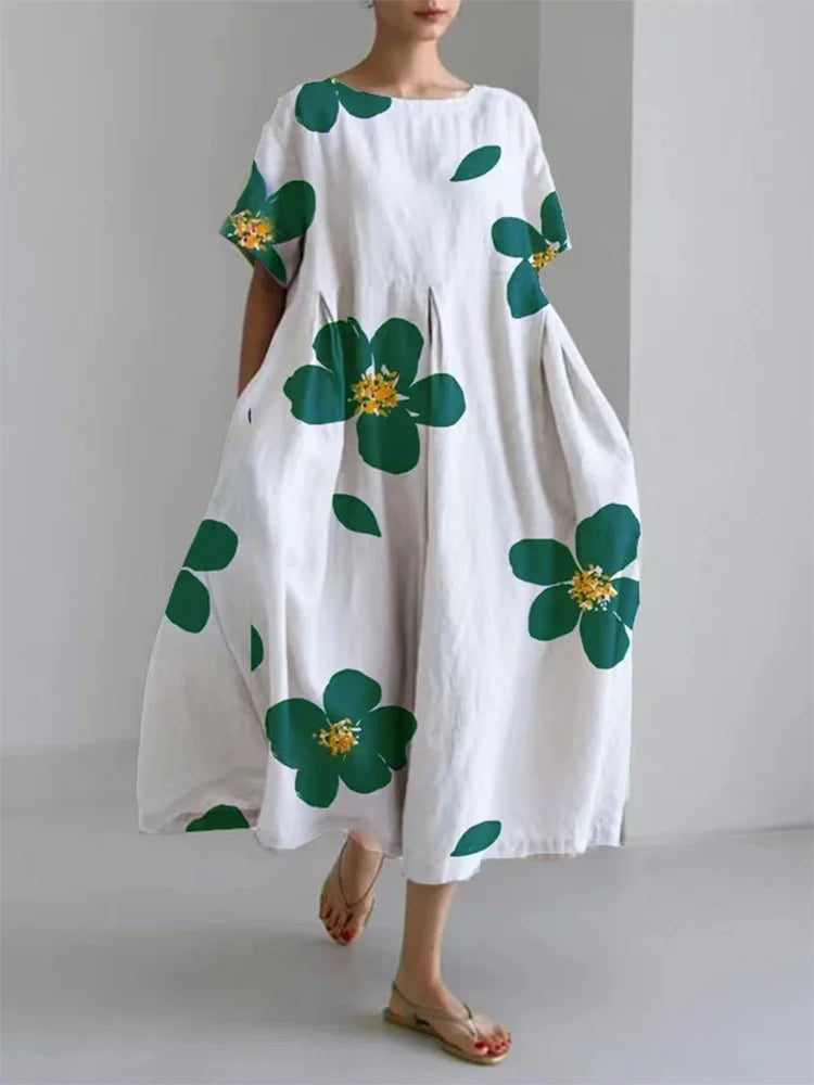 Floral Round Neck Short Sleeve Pocket Cocoon Midi Dress