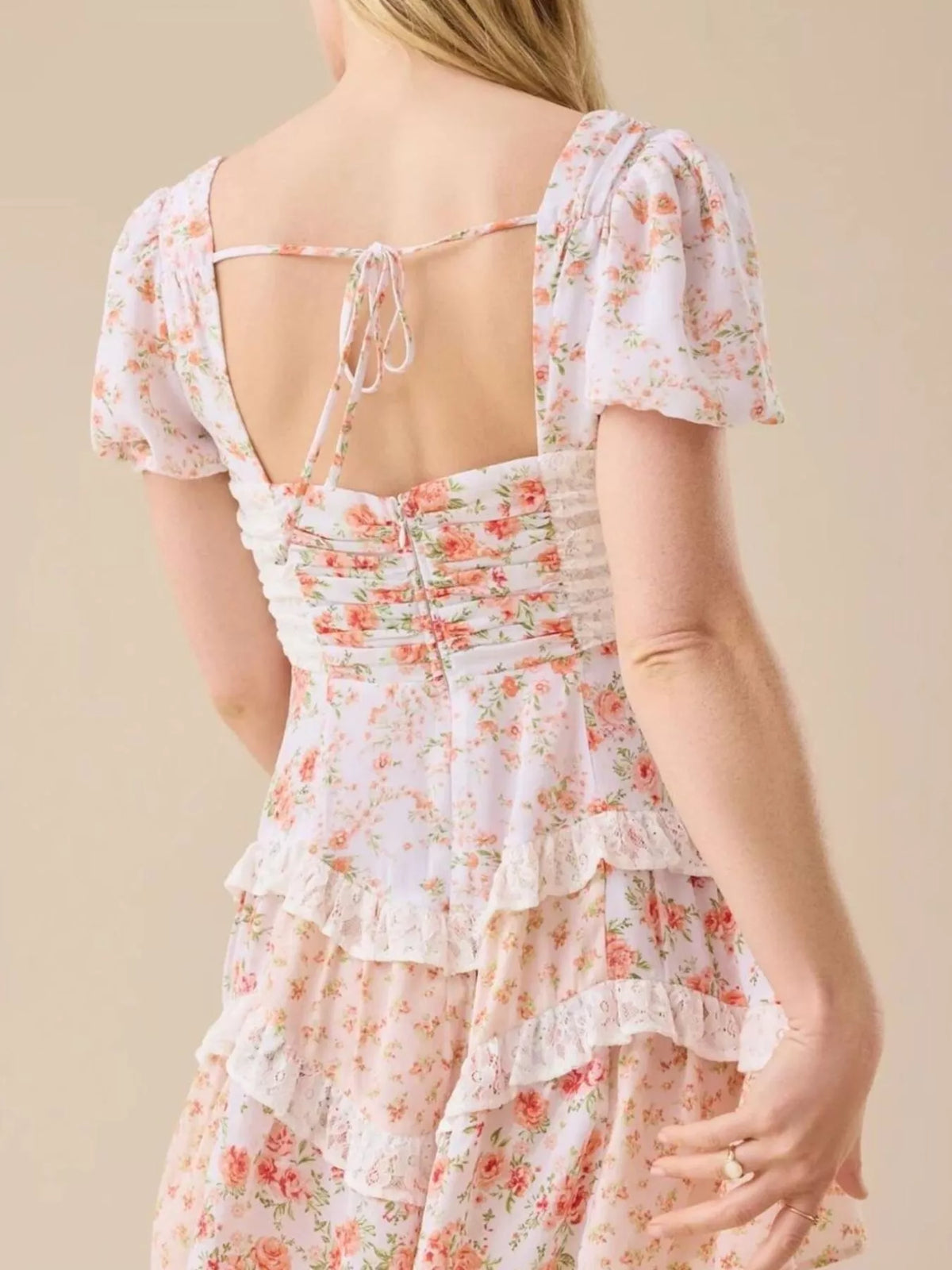 Floral Print Lace Trim Sweetheart Puff Sleeve Tiered Mini Dress 8