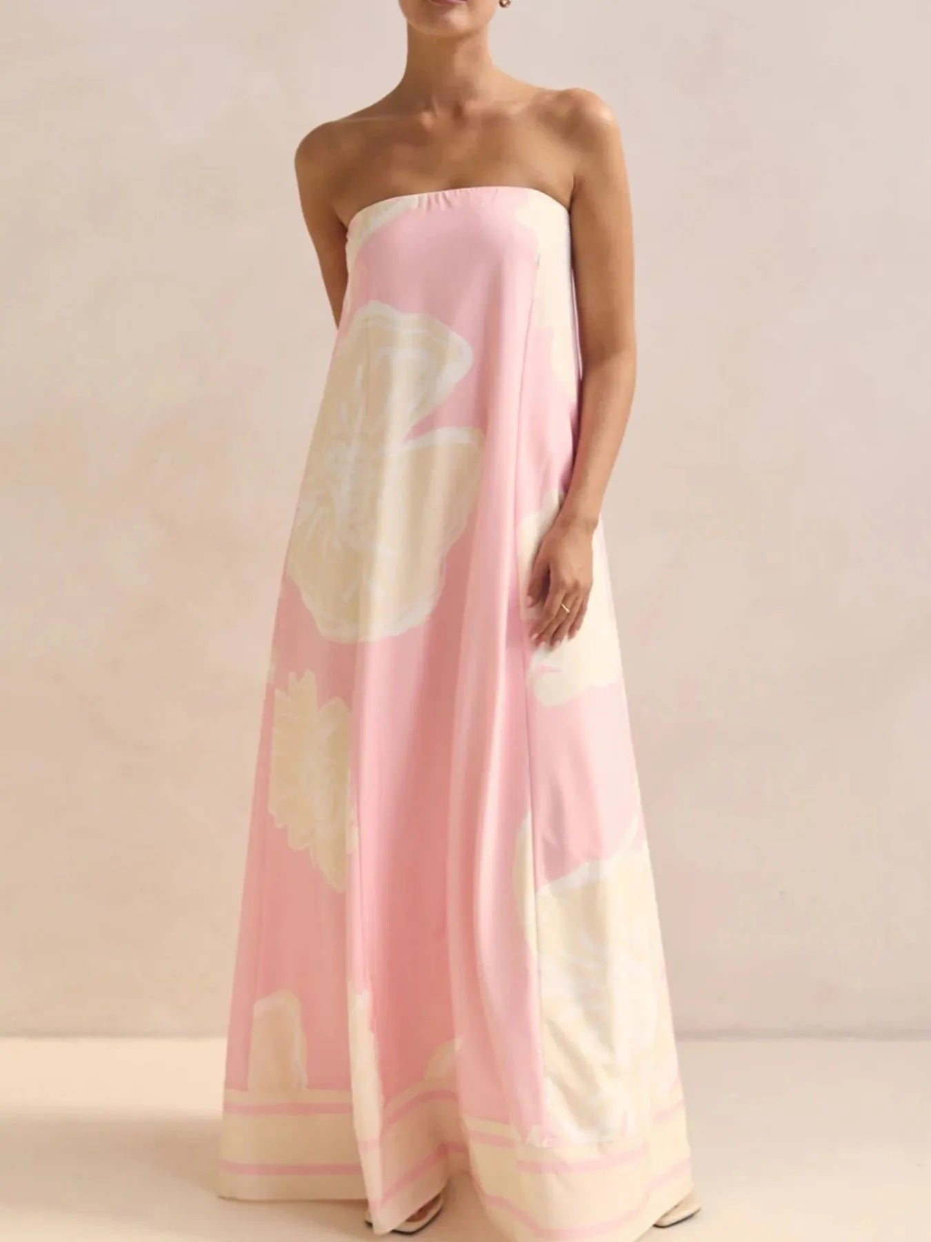 Smocked Printed Tube Maxi Dress Pink Print