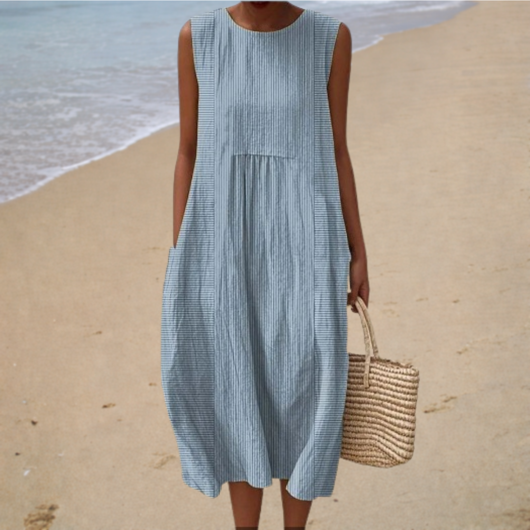 Pinstripe Round Neck Sleeveless Pocket Midi Dress
