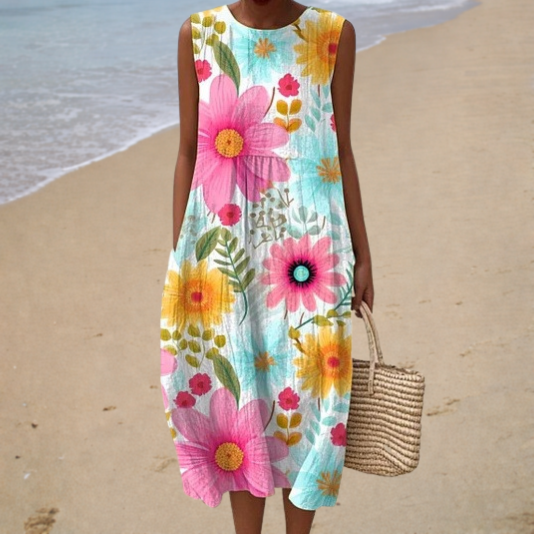 Floral Print Round Neck Sleeveless Pocket Midi Dress