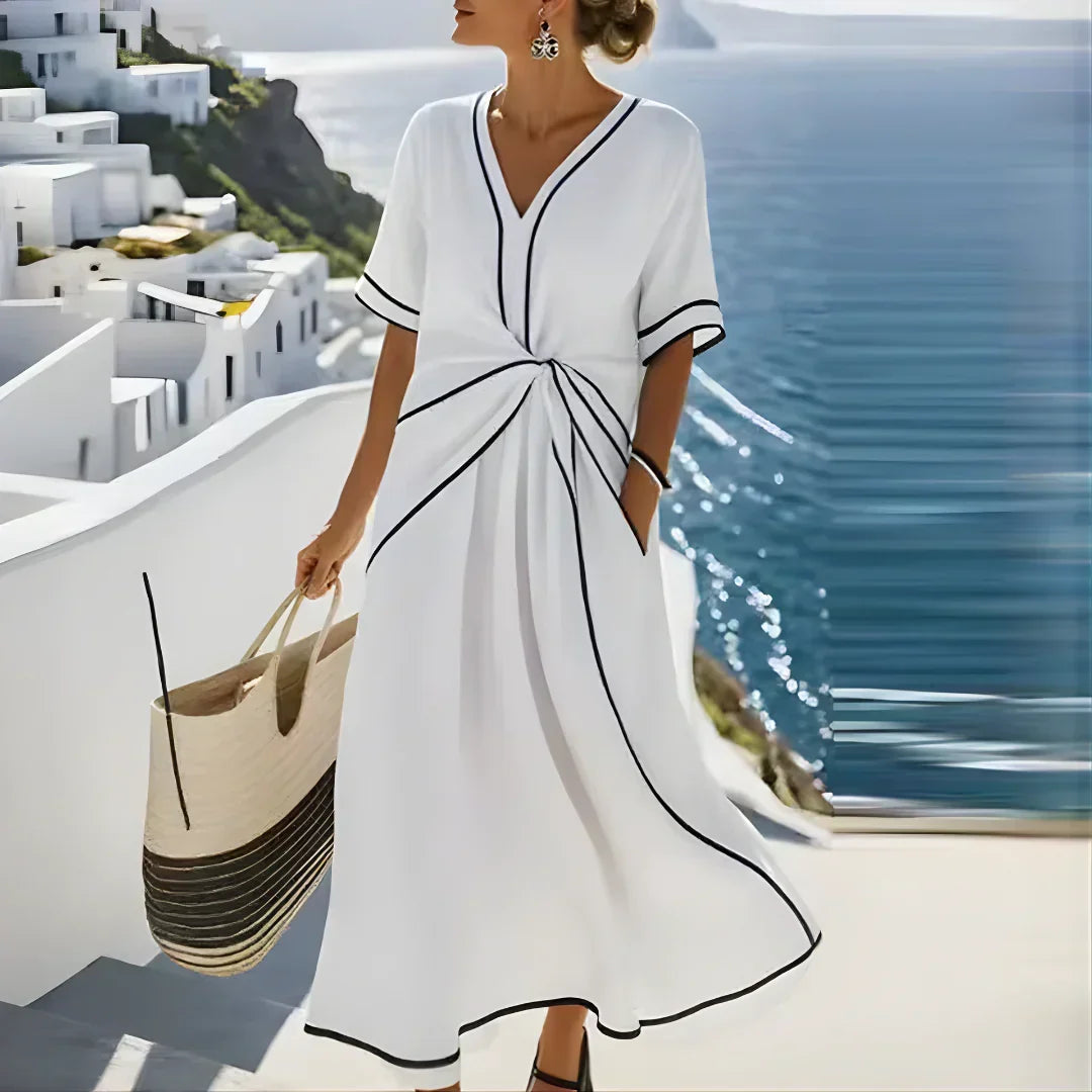 Contrast Trim V-Neck Half Sleeve Twist Front Midi Dress