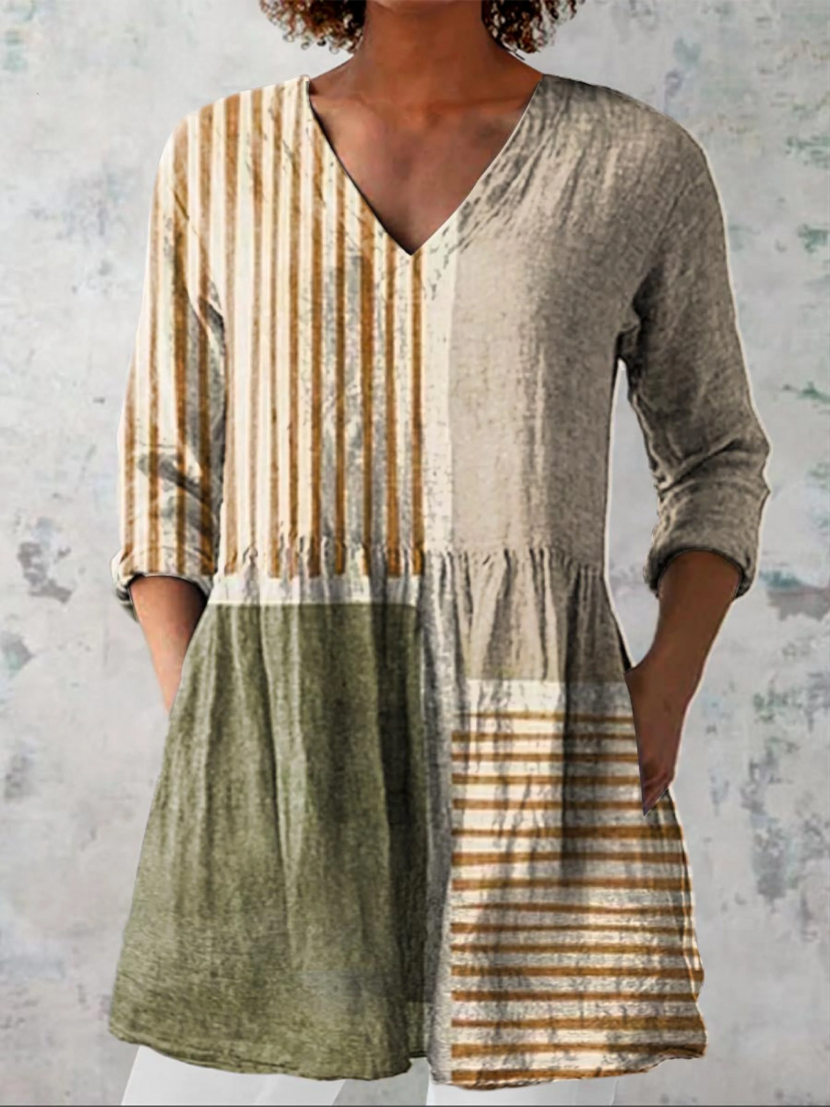 Striped Colorblock V-Neck Long Sleeve Tunic Top