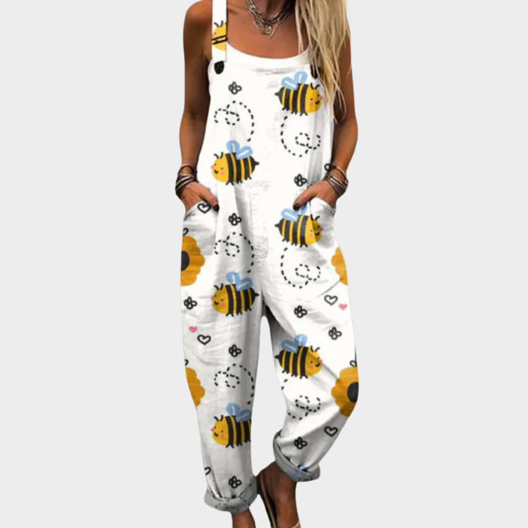 Bee Print Sleeveless Pocket Overall Jumpsuit