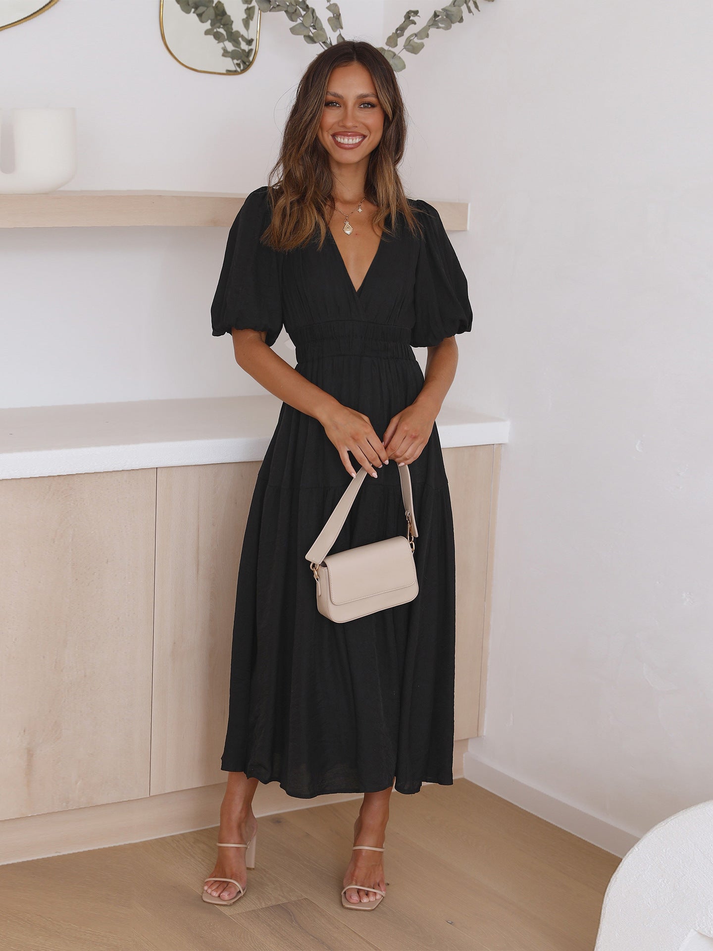 Eulalia Exclusive V Neck Dress with Puff Sleeves Chic Silhouette Collection