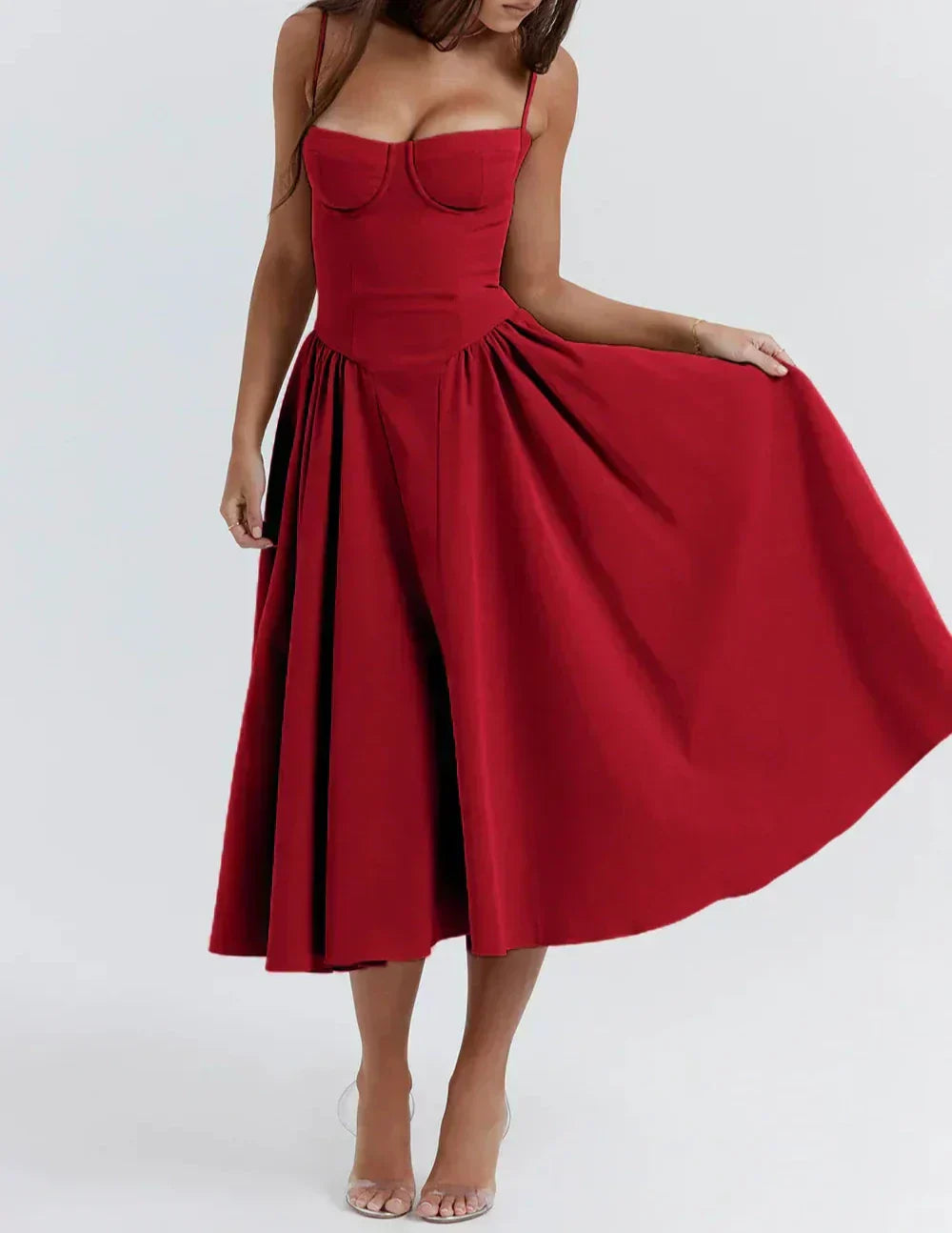 Spaghetti Strap Sweetheart Corset Fit and Flare Midi Dress