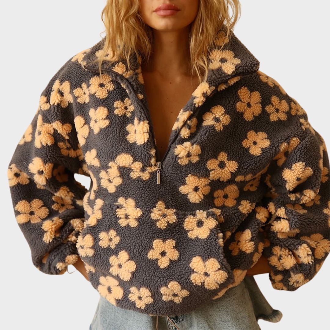 Floral Fleece Collared Half Zip Sherpa Pullover Sweatshirt