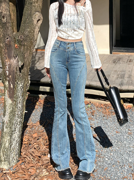 Vintage '90s Seamed Trim Mid Waist Skinny Flare Jeans - Blue