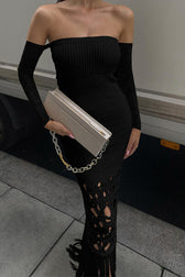 Knit Off Shoulder Long Sleeve Fringe Mermaid Maxi Dress 12