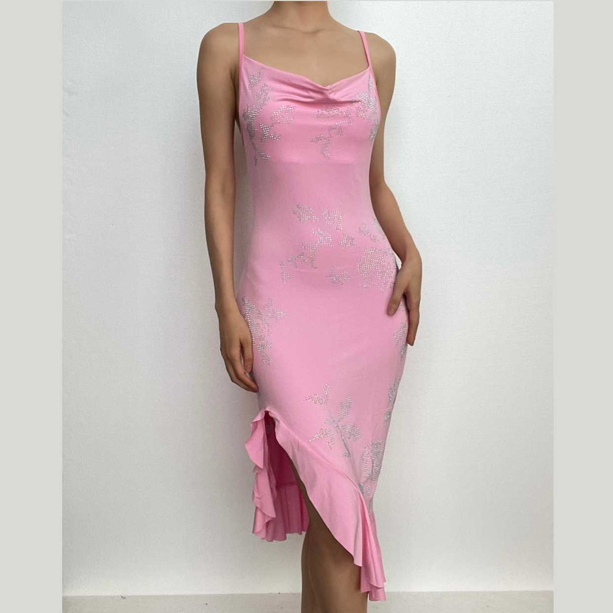 Rhinestone Floral Cowl Neck Spaghetti Strap Asymmetric Ruffle Hem Midi Dress