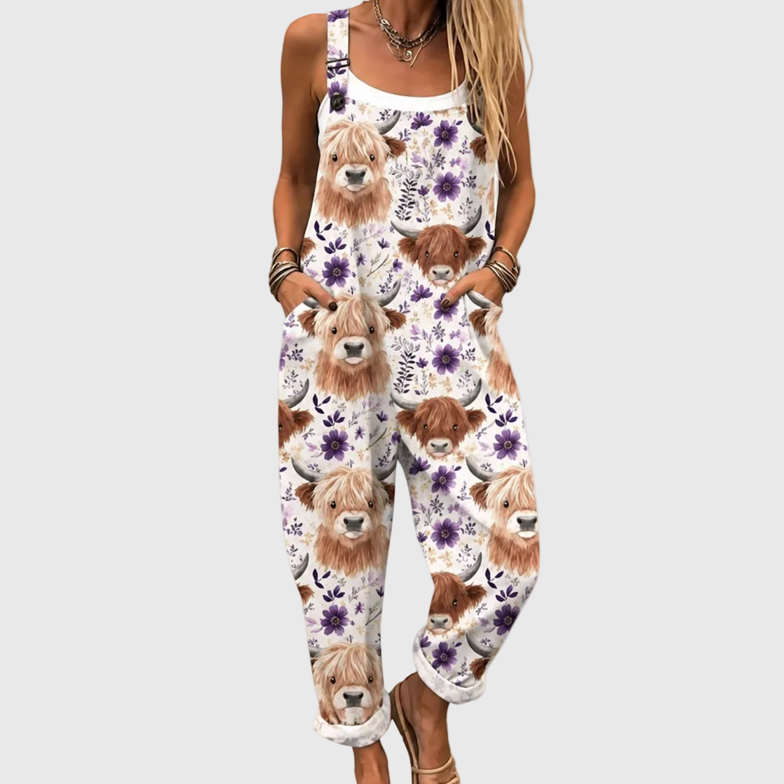 Highland Cow Floral Print Strap Overalls