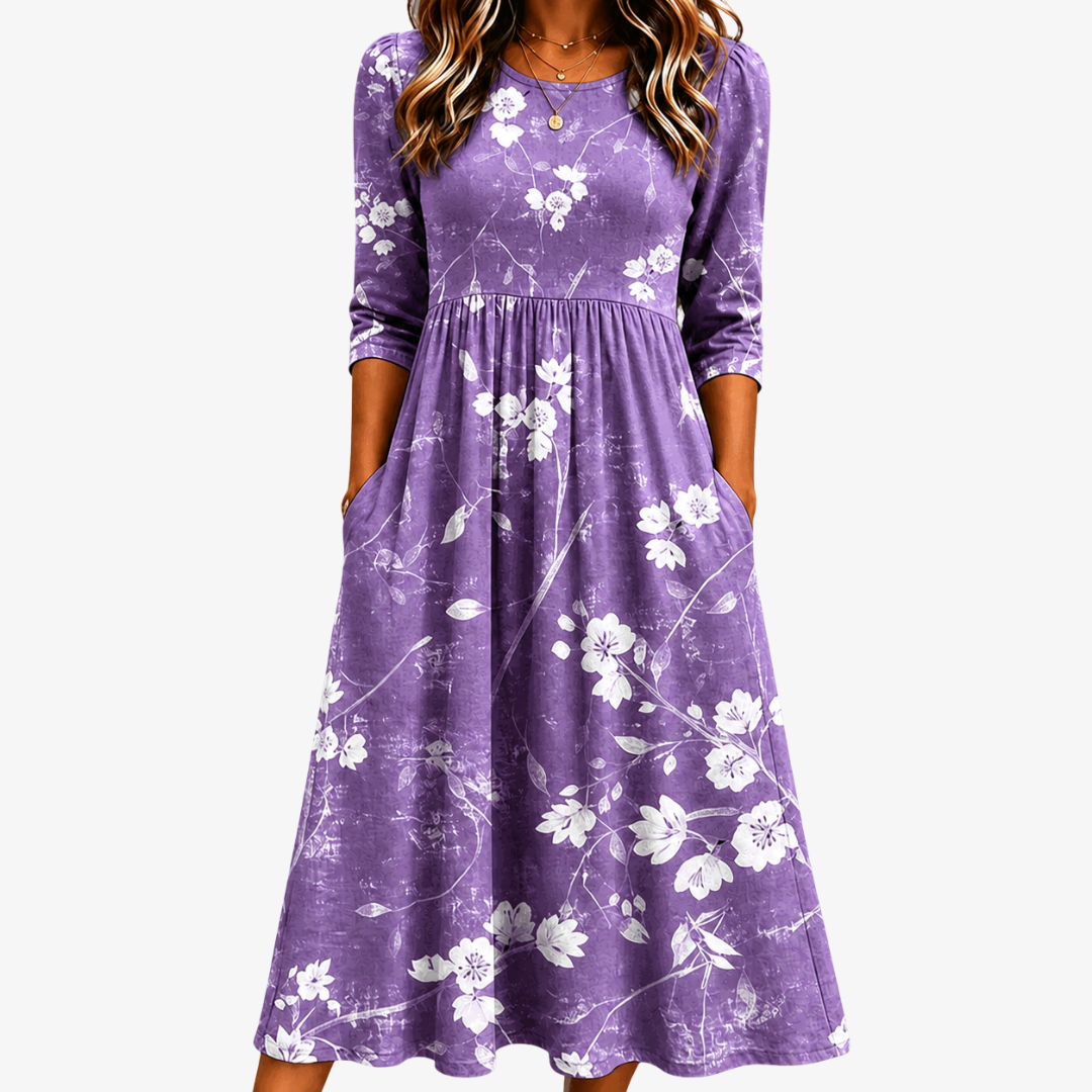 Floral Round Neck Three Quarter Sleeve Pocket Midi Dress