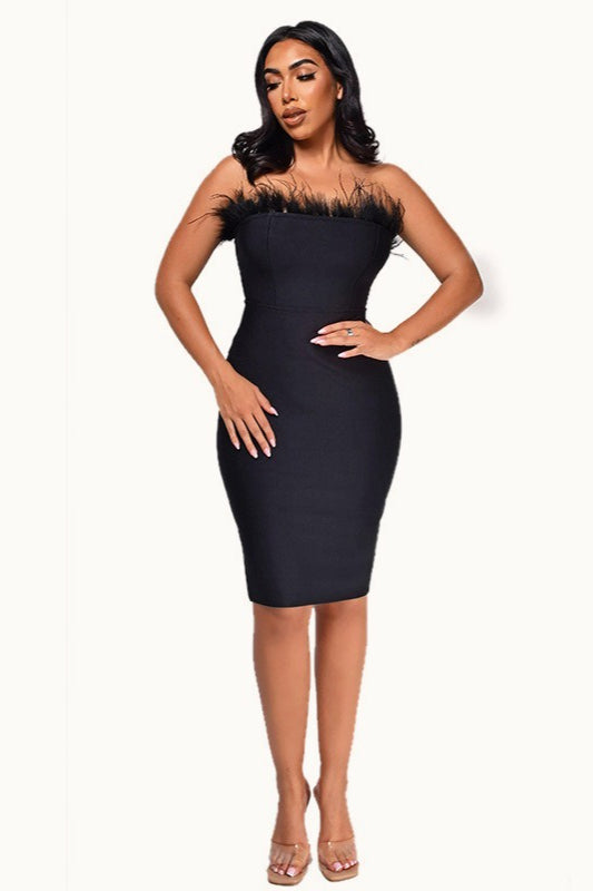 Solid Backless Sleeveless Feather Strapless Bodycon Cocktail Dress 3