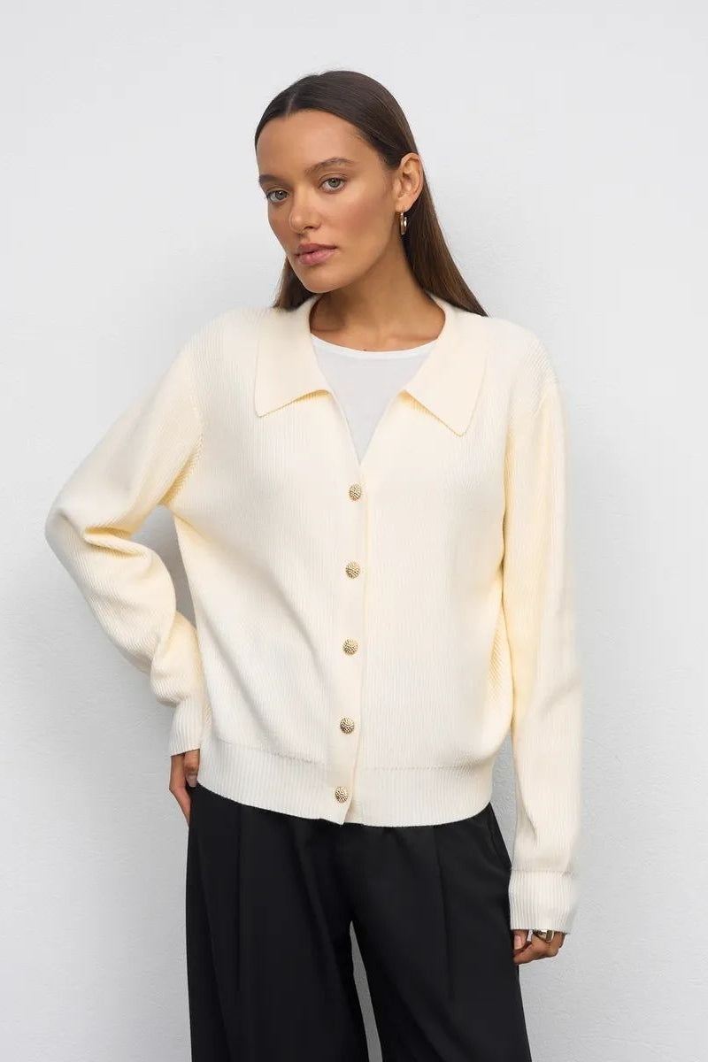 Collared V-Neck Long Sleeve Ribbed Knit Button Front Cardigan 5