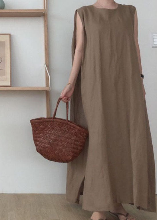 Round Neck Sleeveless Side Slit Oversized Linen Blend Maxi Dress