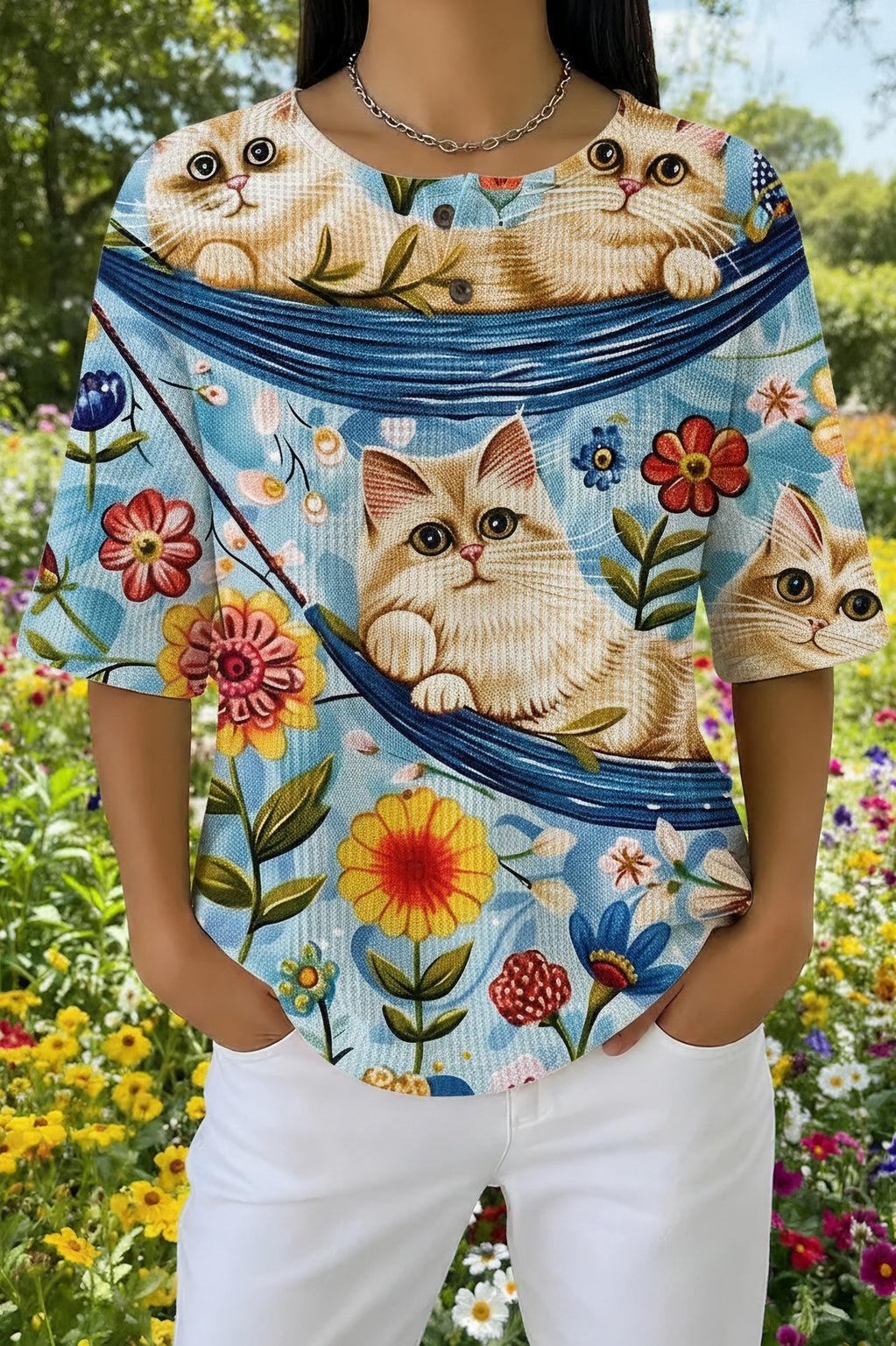 Cat and Floral Print Waffle Knit Crew Neck Short Sleeve Top