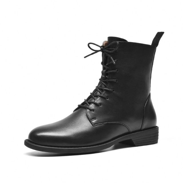 Ankle Boots Women Genuine Cow Leather Waxing Round Toe Lace Up Zip Fashion Motorcycle Female Shoes Handmade