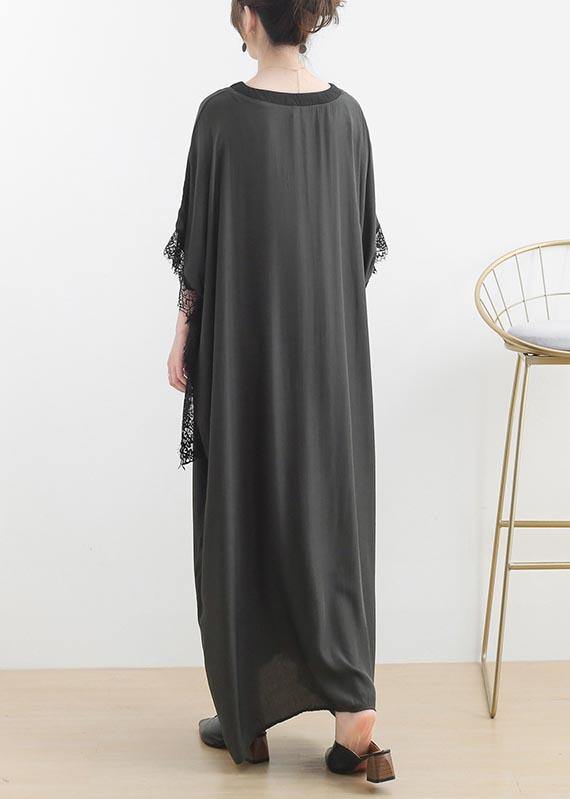 Deep V-Neck Wrap Overlay Batwing Sleeve Lace Trim Pocket Kaftan Maxi Dress