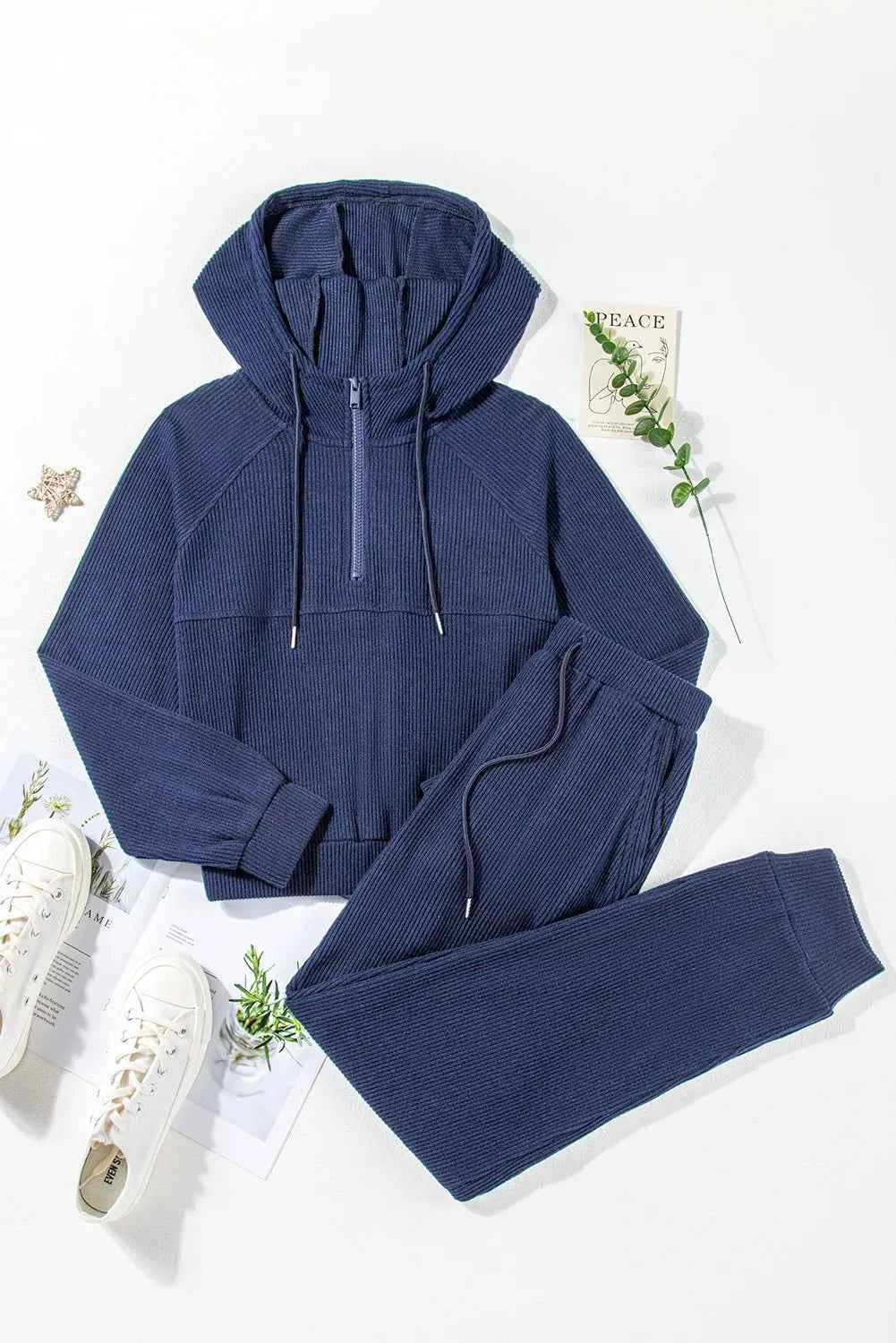 Ribbed Half Zip Cropped Hoodie and Drawstring Joggers Two Piece Set 6